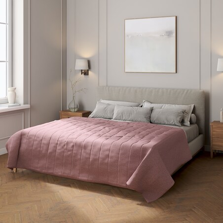 Narzuta pikowana w pasy 260x210 różowy z czarną nitką