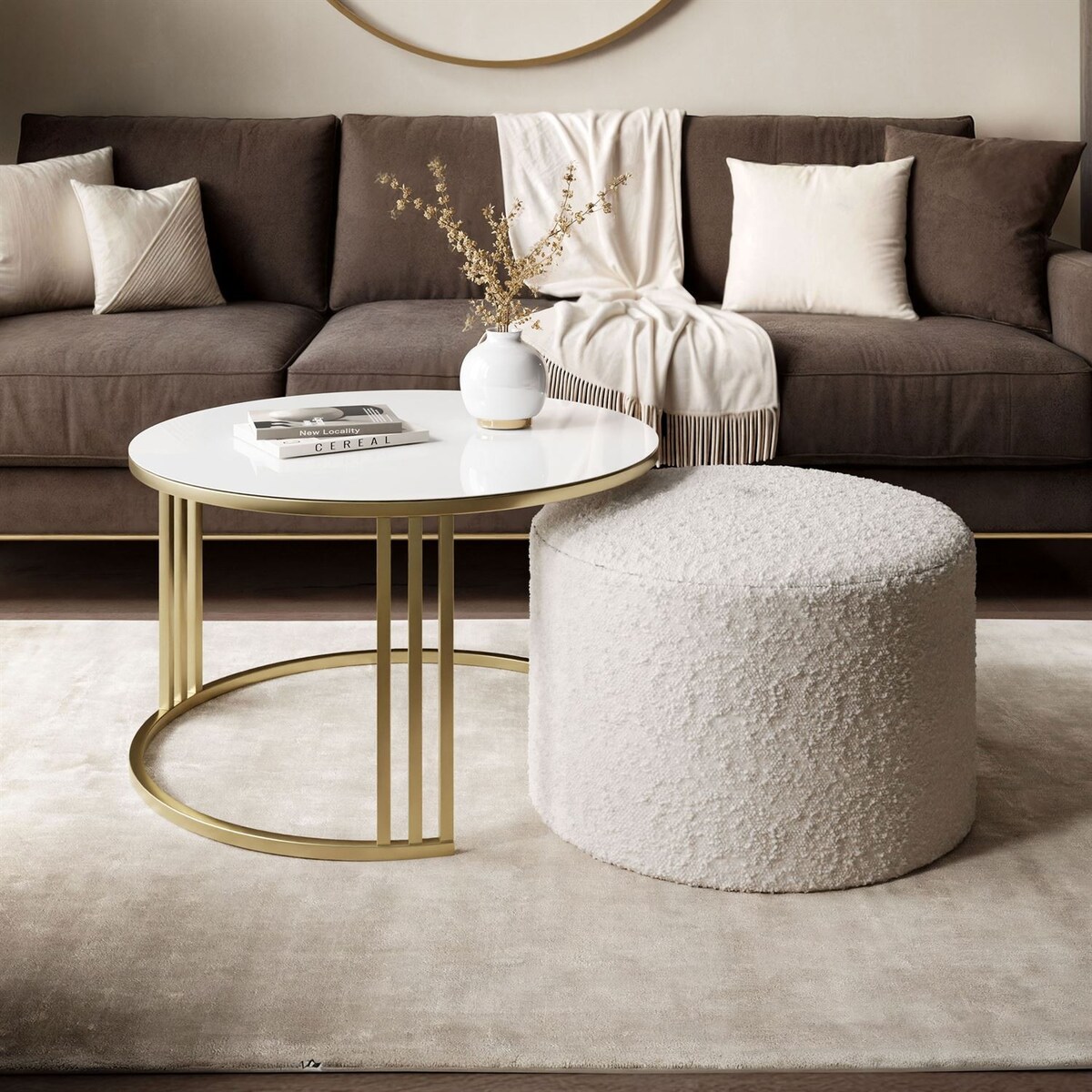 Stolik kawowy z pufą LORI GLASS złoto szczotkowane, białe szkło / Coral 65