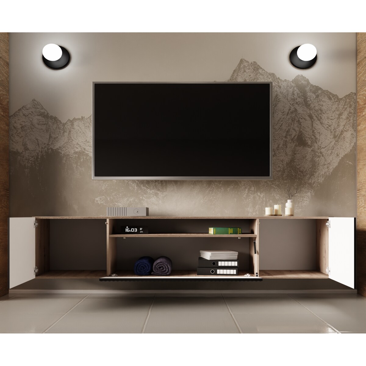 Szafka RTV NOELI, wisząca z ryflowanymi frontami do salonu- czarna-artisan