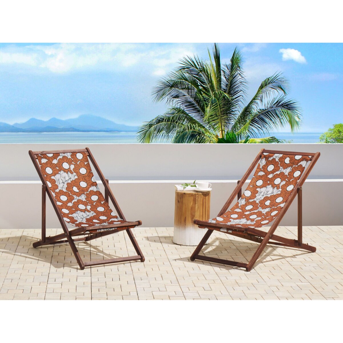 Zestaw 2 leżaków ogrodowych ciemne drewno akacjowe wzór w maki ANZIO