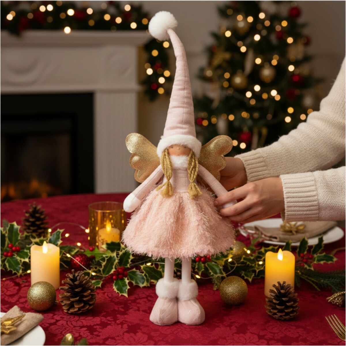 Aniołek Figurka Stojący 50 Cm Świąteczny Boże Narodzenie Różowa Czapka