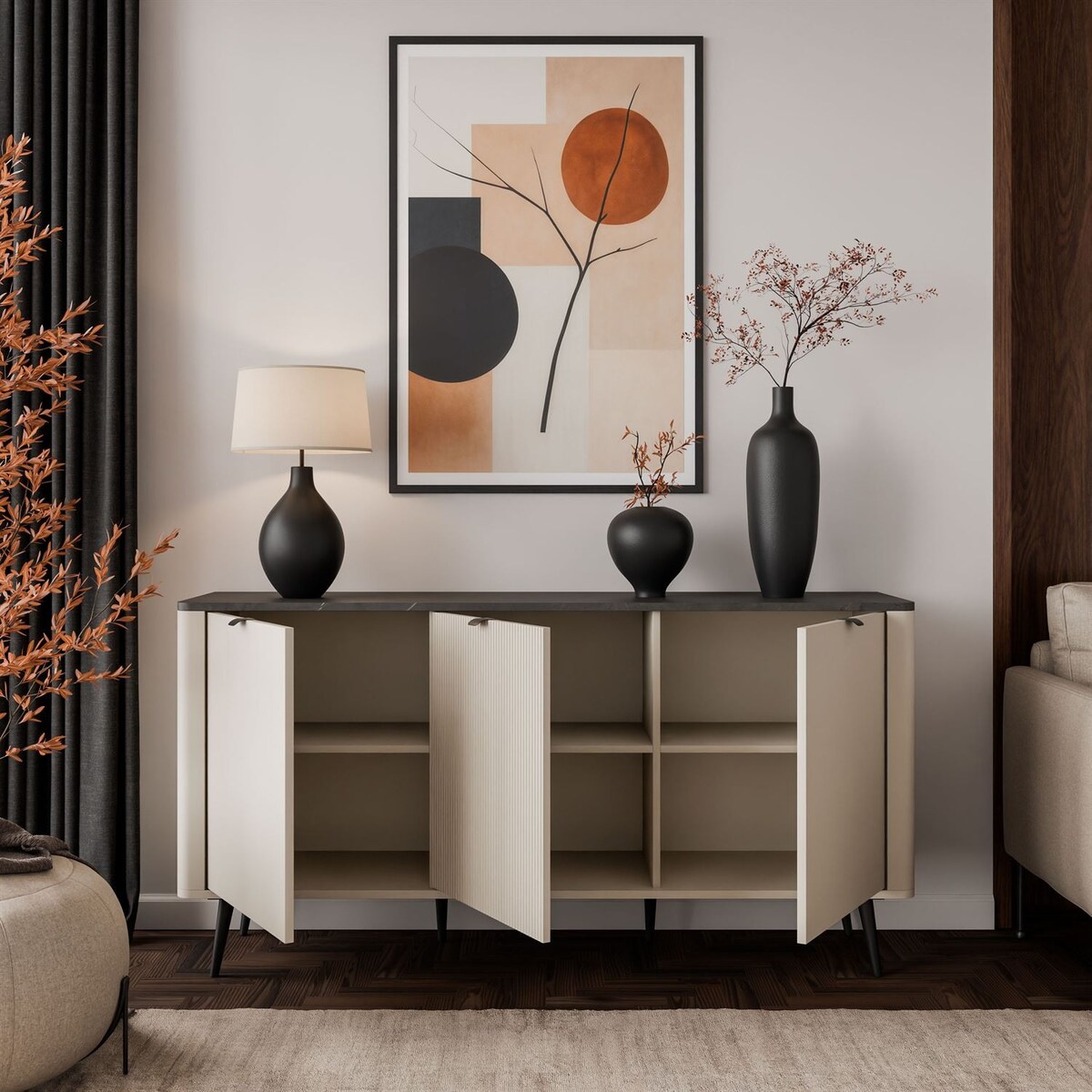 Komoda do sypialni AUTUMN 3D z ryflowanym frontem, kaszmir / szary kamień