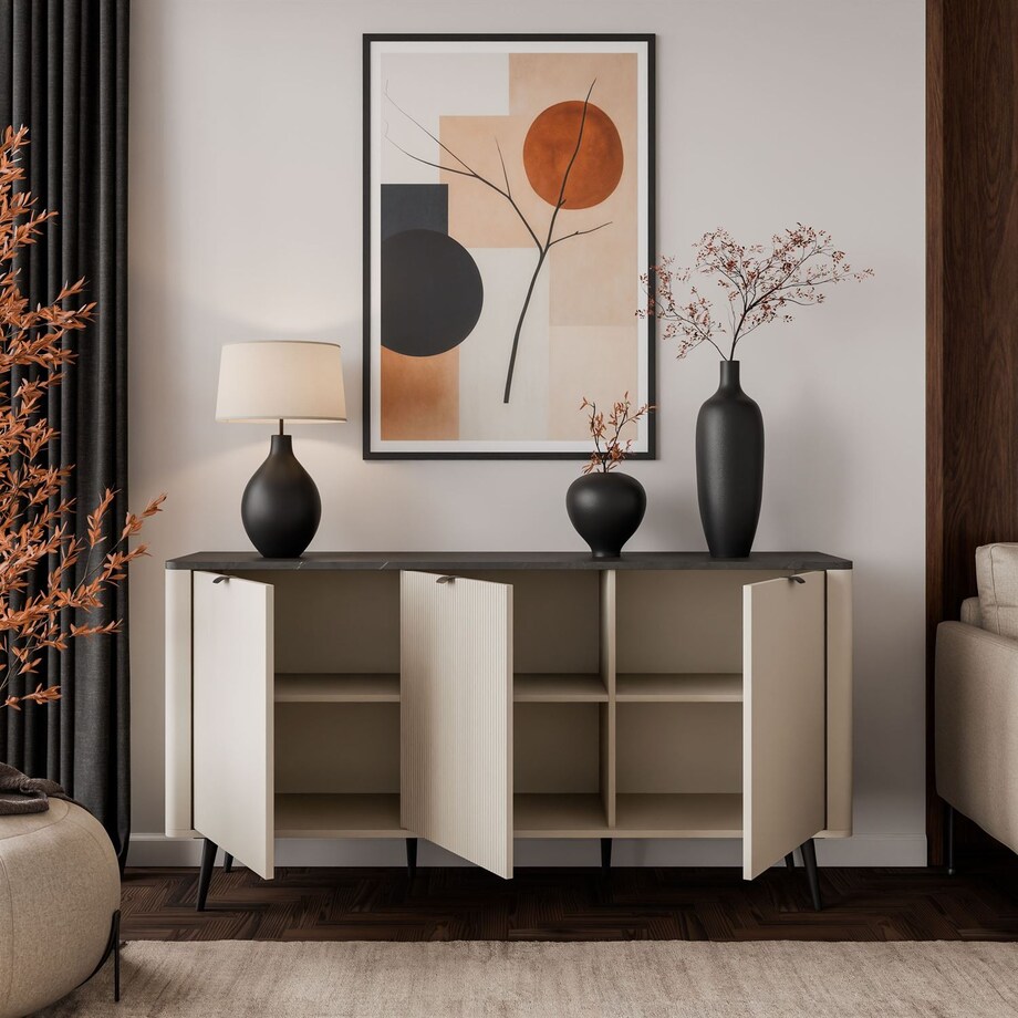 Komoda do sypialni AUTUMN 3D z ryflowanym frontem, kaszmir / szary kamień