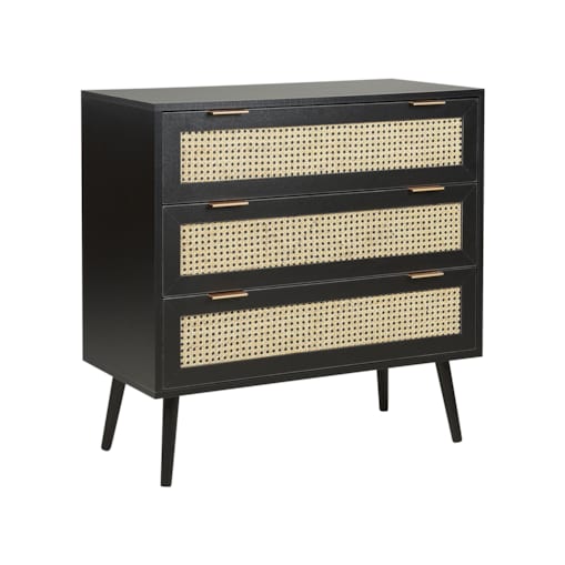 Komoda 3 szuflady fronty rattanowe czarna OPOCO