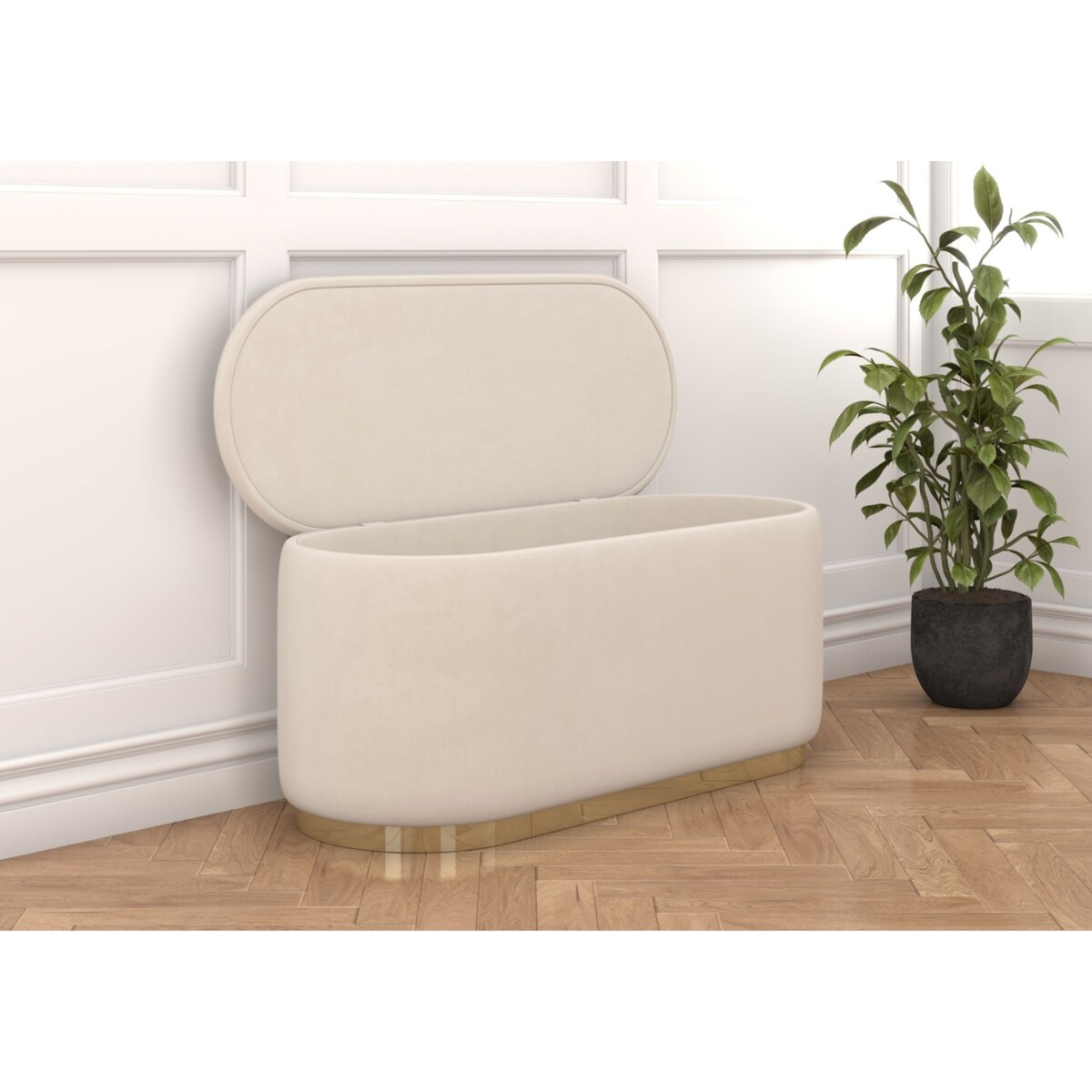 Tapicerowany owalny puf ze schowkiem Dancan SCARLETT na złotej podstawie / szer. 110 cm / beżowy