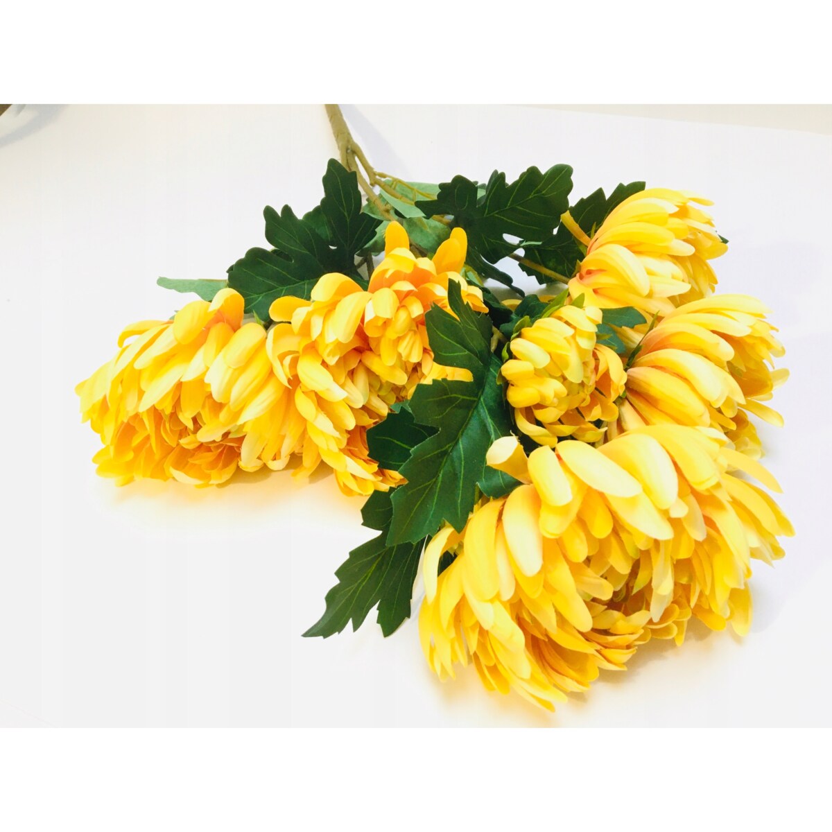 BUKIET DUŻY chryzantemy ŻÓŁTE sztuczne LIŚCIE do flakonu na cmentarz grób