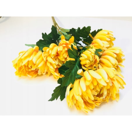 BUKIET DUŻY chryzantemy ŻÓŁTE sztuczne LIŚCIE do flakonu na cmentarz grób