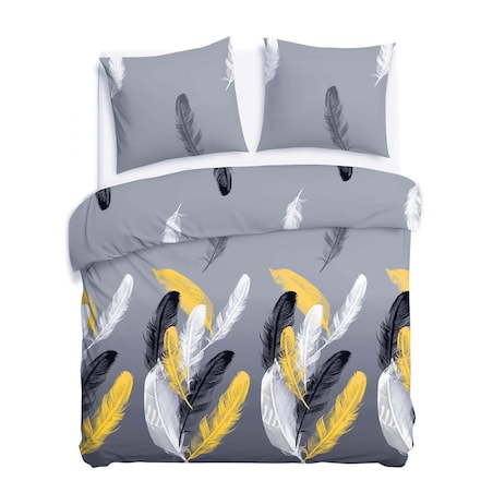 Pościel satyna bawełniana 220x200 Fevola białe i złote pióra na szarym tle, Satynlove