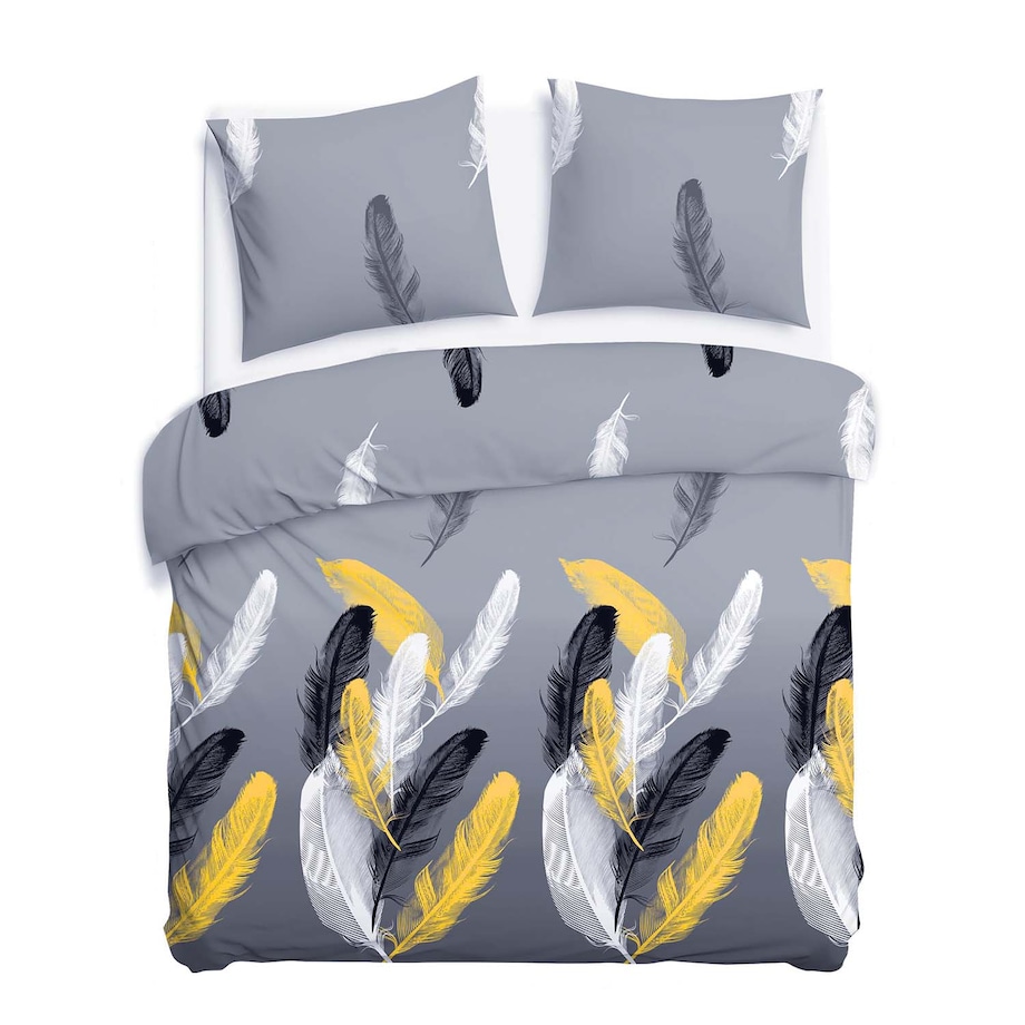 Pościel satyna bawełniana 220x200 Fevola białe i złote pióra na szarym tle, Satynlove