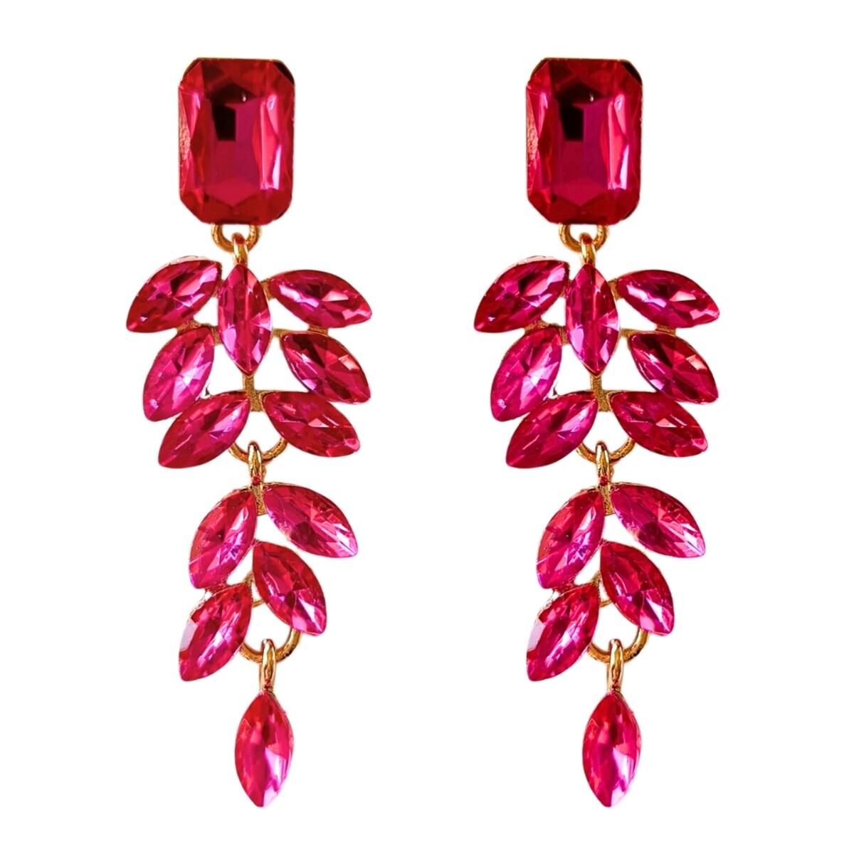 Złote kolczyki fuksja wiszące długie listki z cyrkoniami błyszczące lekkie
