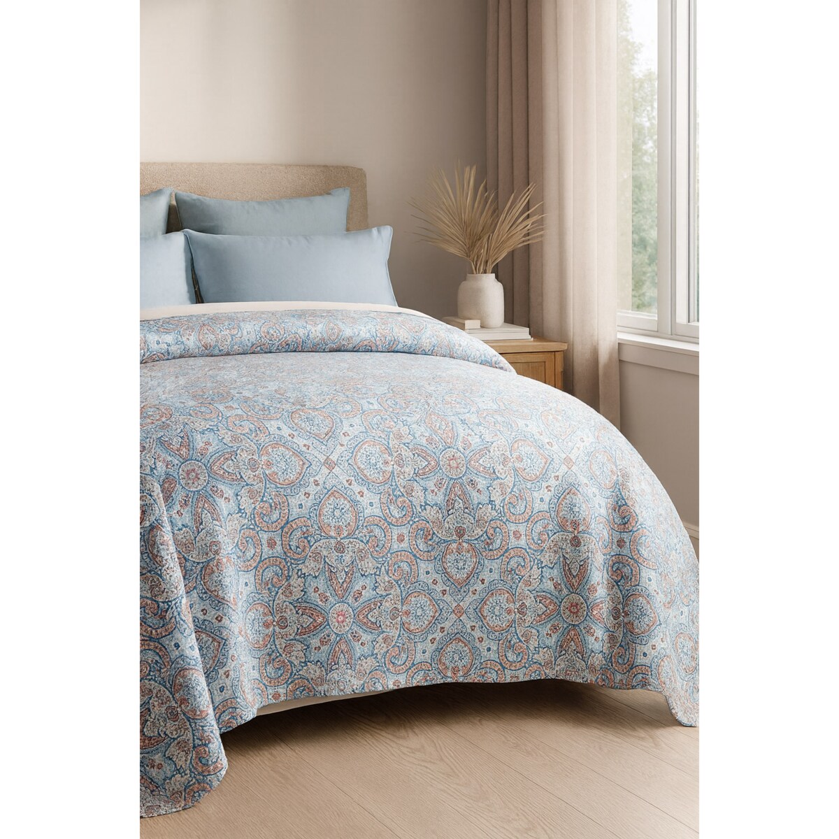 Narzuta pikowana niebieska Harem 170x210, dekoracyjny ornament, drukowana