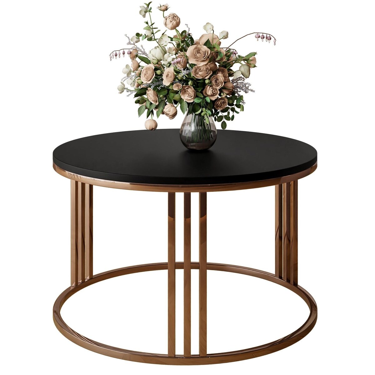Okrągły stolik kawowy LORI mat z miedzianym stelażem, czarny mat
