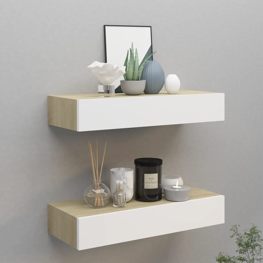 vidaXL Półki ścienne do szuflad 2 szt. Dąb i biel 60x23,5x10cm MDF