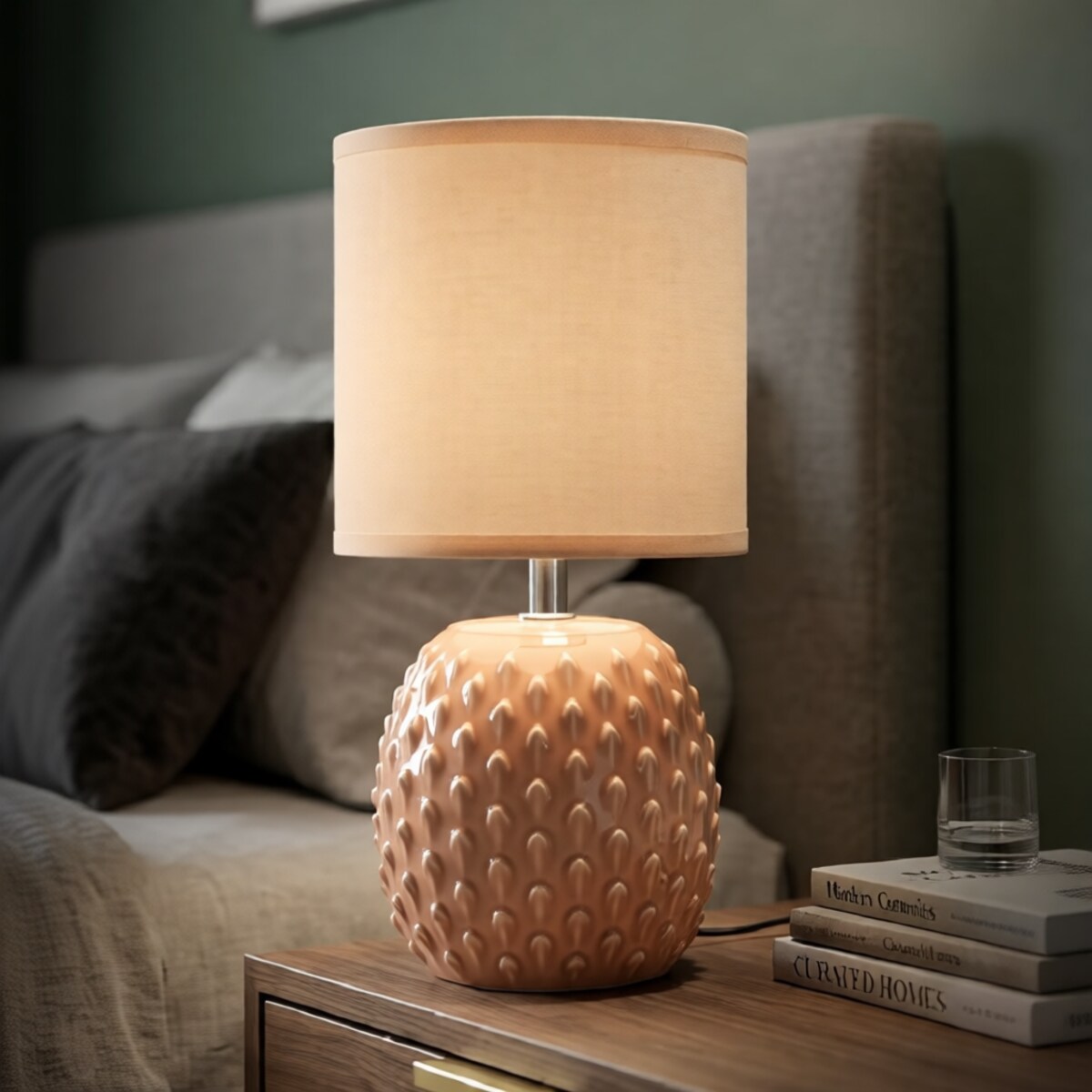Lampa stołowa Pontus, kolor brzoskwiniowy, ceramika, żelazo i tkanina, 14 x 14 x 27 cm, 1 x E14, styl nowoczesny, do salonu i sypialni, Mauro Ferretti