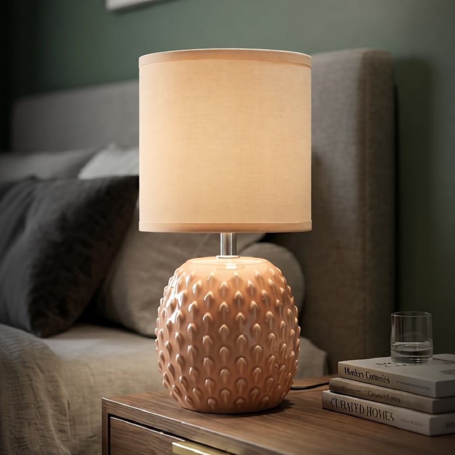 Lampa stołowa Pontus, kolor brzoskwiniowy, ceramika, żelazo i tkanina, 14 x 14 x 27 cm, 1 x E14, styl nowoczesny, do salonu i sypialni, Mauro Ferretti