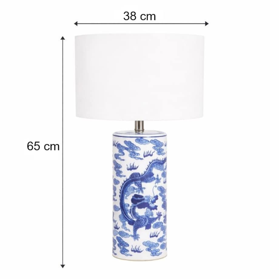 Lampa ceramiczna niebieska na komodę do salonu z białym abażurem MING
