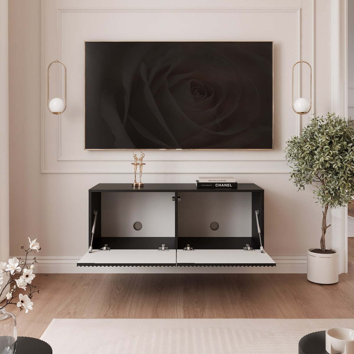 Szafka RTV wisząca CZARNA ANGEL ryflowana 100 cm z oświetleniem LED