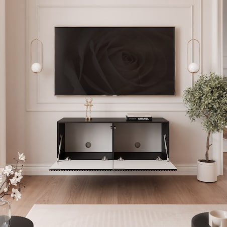 Szafka RTV wisząca CZARNA ANGEL ryflowana 100 cm z oświetleniem LED