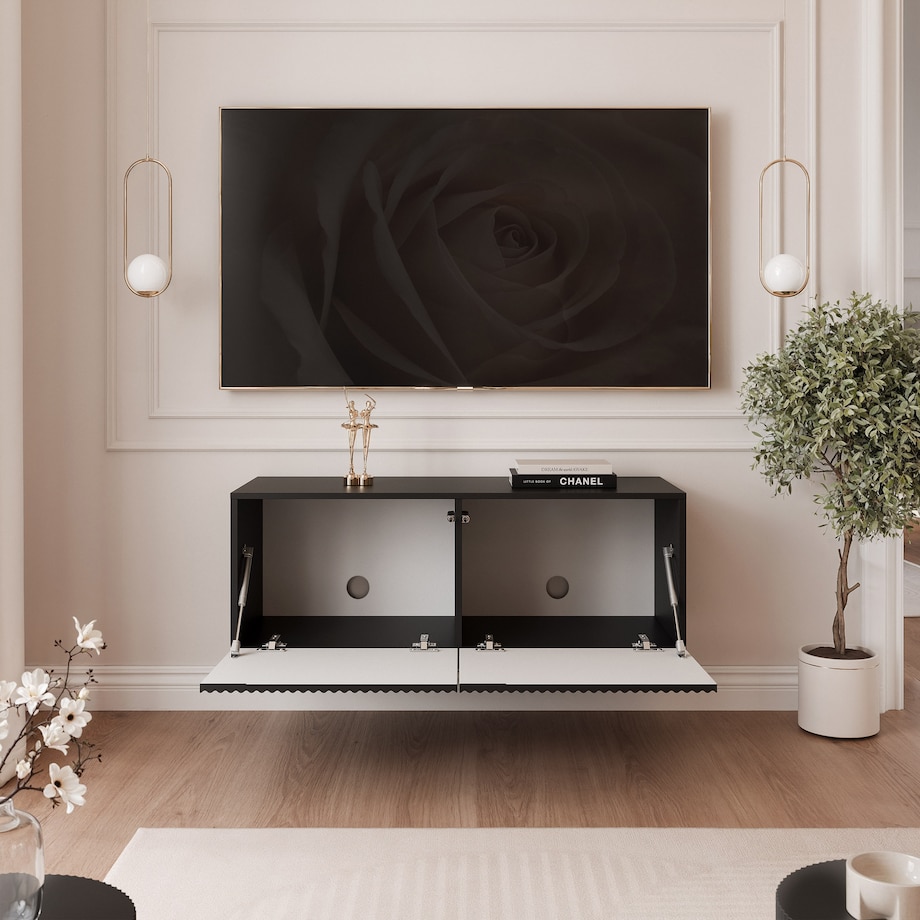 Szafka RTV wisząca CZARNA ANGEL ryflowana 100 cm z oświetleniem LED