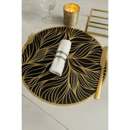 Podkładka dekoracyjna na stół "liście" śr 38cm | czarny/złoto