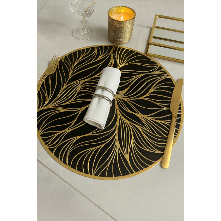 Podkładka dekoracyjna na stół "liście" śr 38cm | czarny/złoto