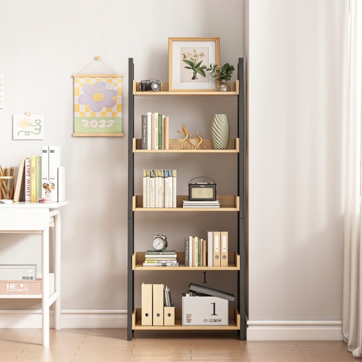 Regałna książki segregatory drabinka dębowy czarny do biura salonu loft