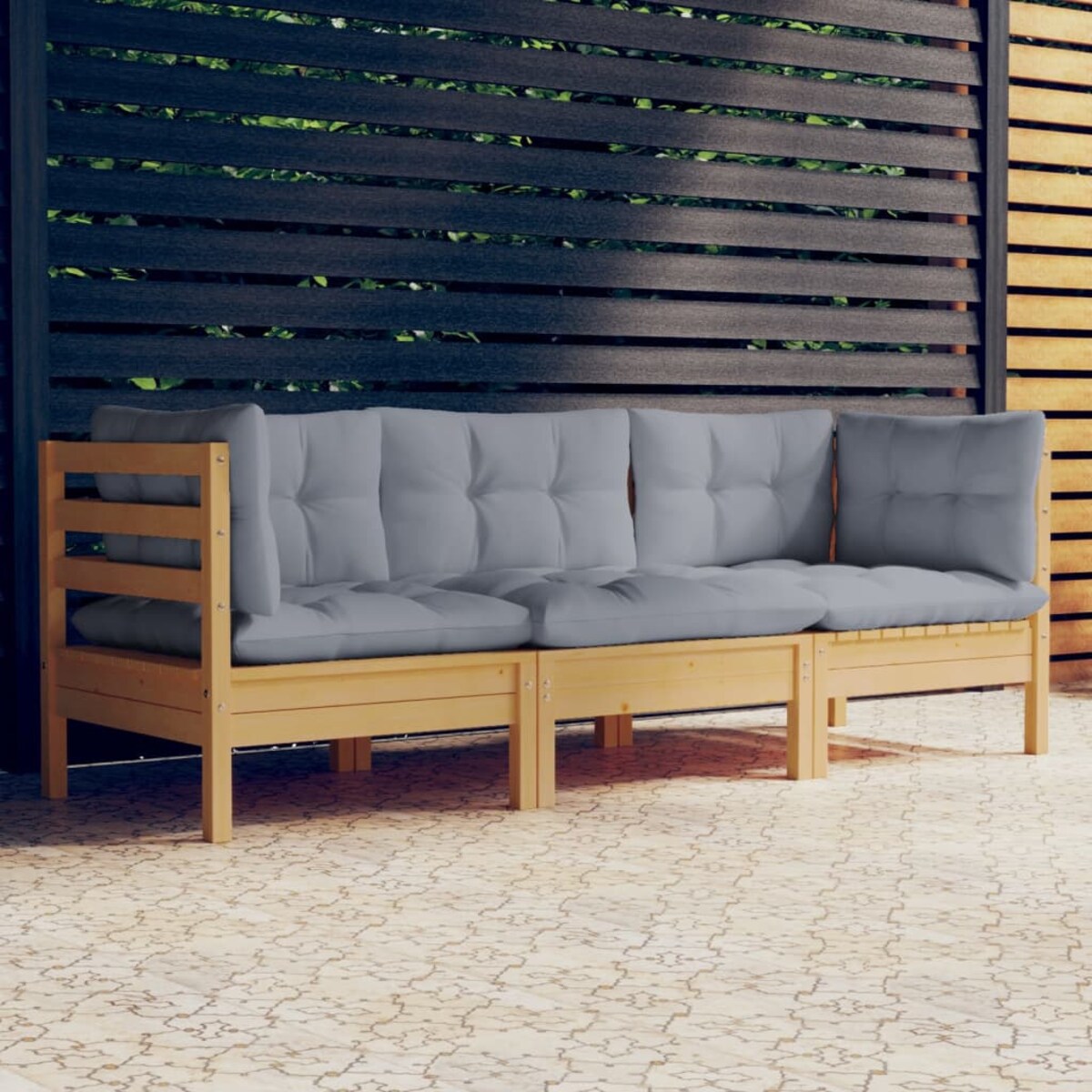 vidaXL 3-osobowa sofa ogrodowa z szarymi poduszkami, drewno sosnowe