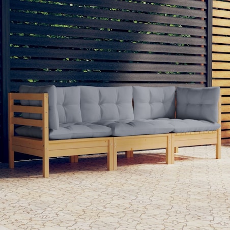 vidaXL 3-osobowa sofa ogrodowa z szarymi poduszkami, drewno sosnowe
