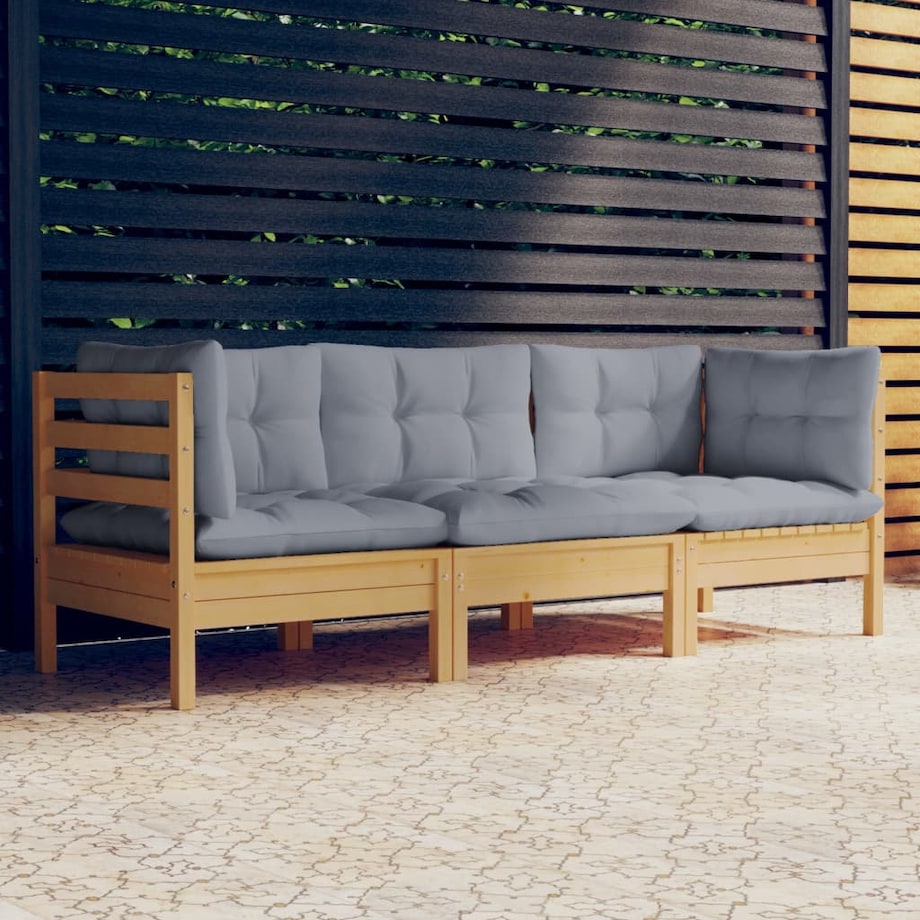 vidaXL 3-osobowa sofa ogrodowa z szarymi poduszkami, drewno sosnowe