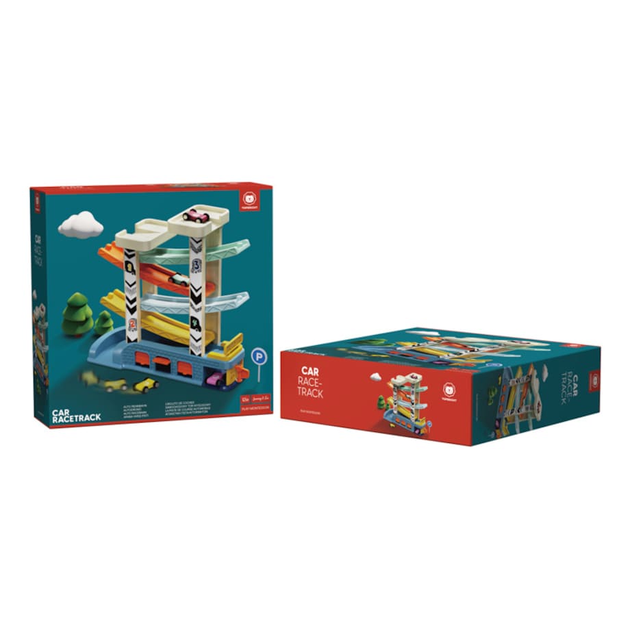 Tor wyścigowy dla dzieci – zjeżdżalnia z autami, garażami i stacją benzynową 18 mies.+ Top Bright