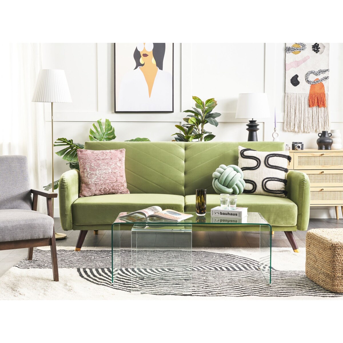 Sofa rozkładana welurowa oliwkowa SENJA