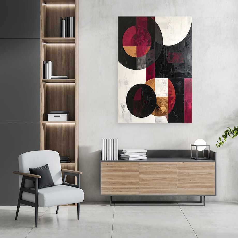Obraz do salonu kuchni, Abstrakcyjne koła kształty w odcieniach burgundu