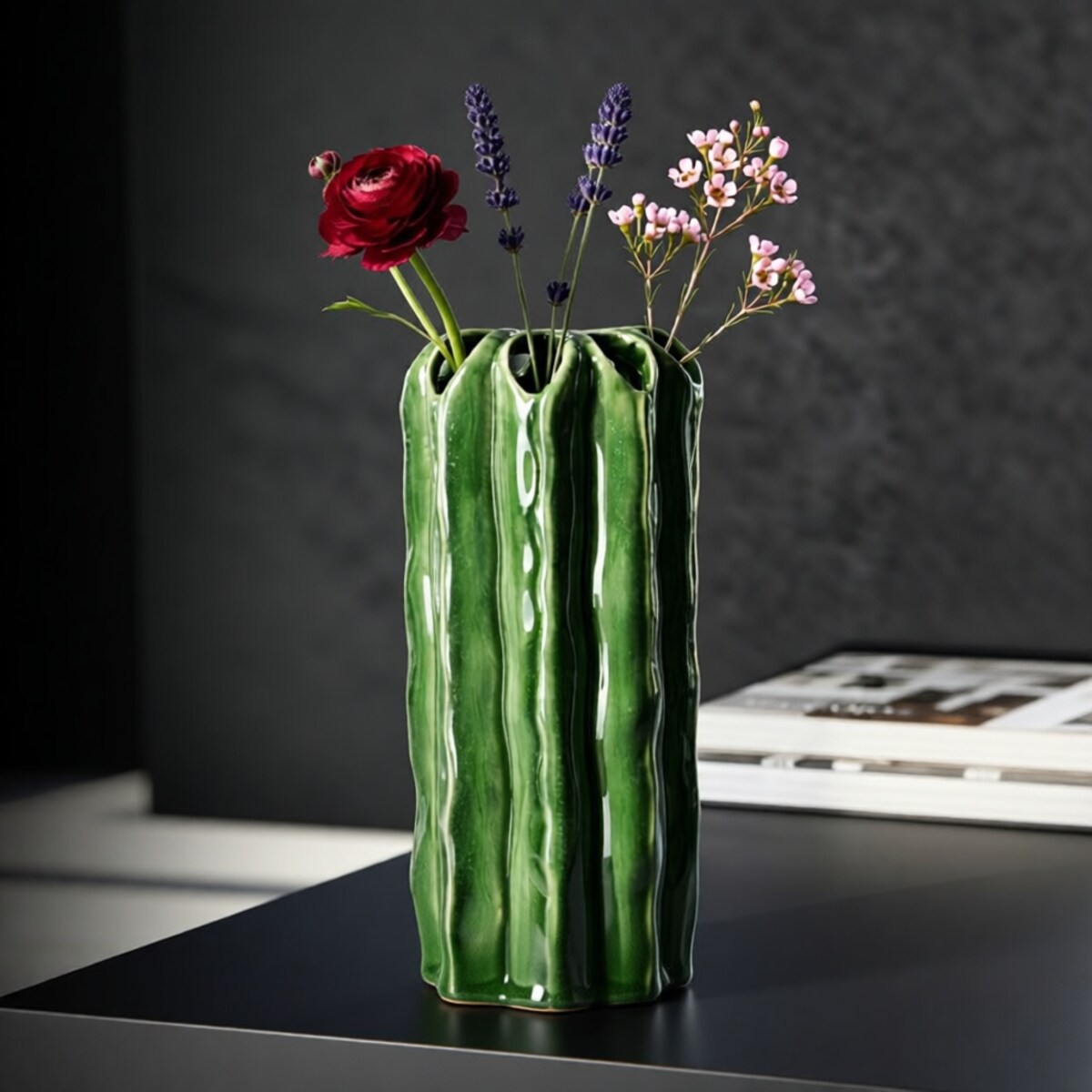 Osłonka dekoracyjna Cactus, kolor zielony, ceramika, 11,5 x 11,5 x 23,5 cm, motyw: kaktus, na doniczkę do salonu, Mauro Ferretti