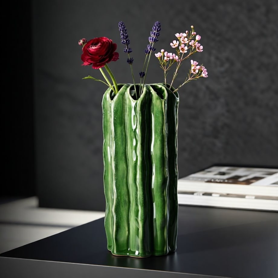 Osłonka dekoracyjna Cactus, kolor zielony, ceramika, 11,5 x 11,5 x 23,5 cm, motyw: kaktus, na doniczkę do salonu, Mauro Ferretti