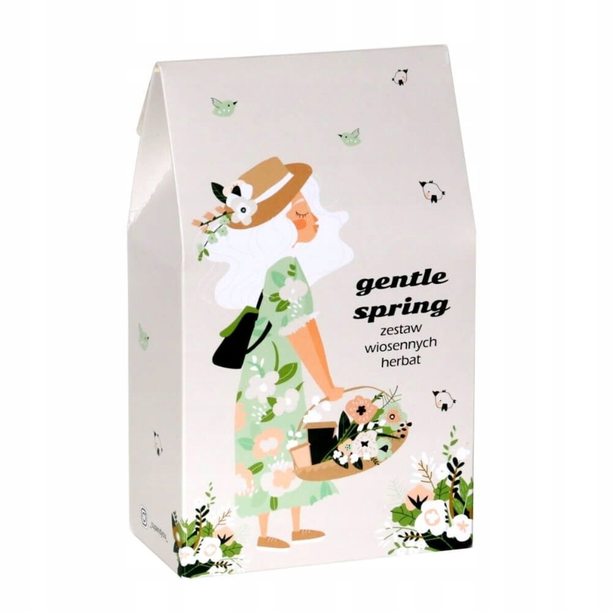 Wiosenny Box GENTLE SPRING - zestaw wiosennych herbat z zaparzaczem, biała filiżanka ze spodkiem, świeca sojowa POLE LAWENDY - na prezent upominek