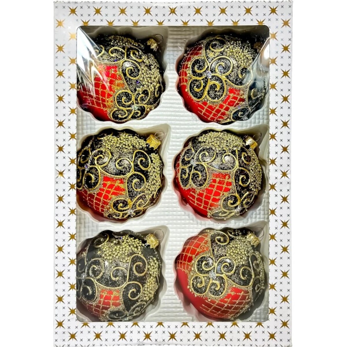 Bombka choinkowa: Czerwona ekskluzywna z bogatymi zdobieniami: 6 sztuk