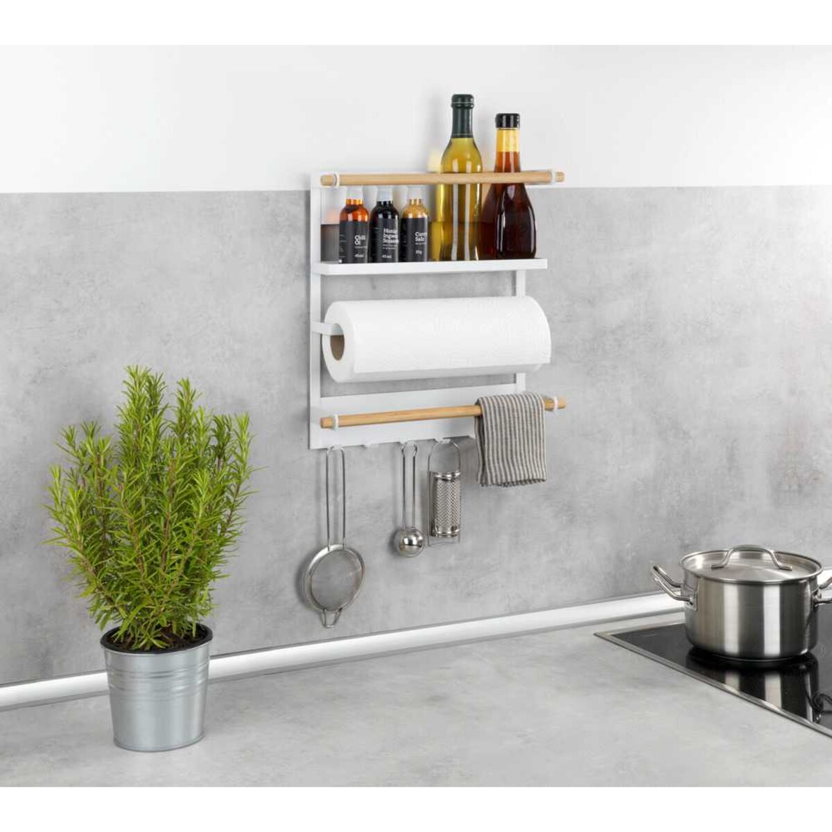 Wielofunkcyjna półka kuchenna MAGNA z uchwytem na ręcznik papierowy i haczykami, montaż bez wiercenia, WENKO