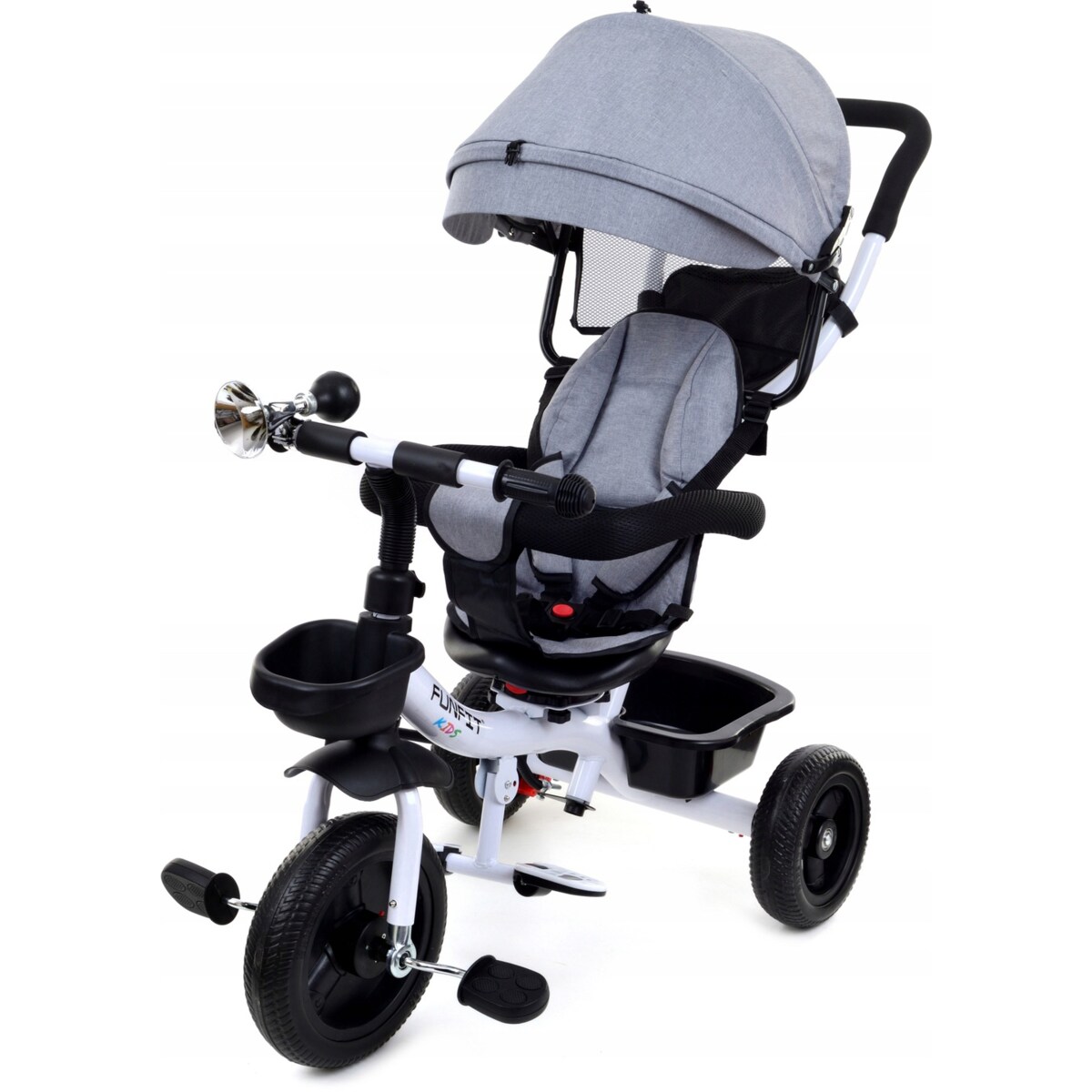 Rowerek trójkołowy spacerowy dla dzieci Funfit Kids szary z trąbką