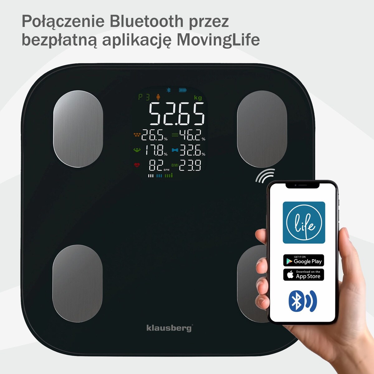 Waga łazienkowa z pomiarem tkanki tłuszczowej i składu ciała, Smart, BT, KLAUSBERG czarna