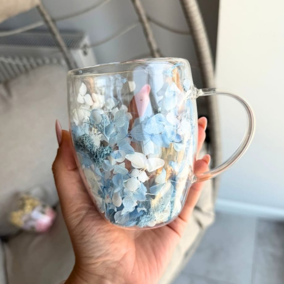 Szklanka termiczna z kwiatami w środku, hortensje, mech niebieskie 300 ml 1szt SZK206