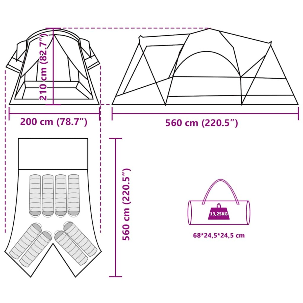 vidaXL Namiot rodzinny, tunel, 8-os., szaro-pomarańczowy, wodoszczelny