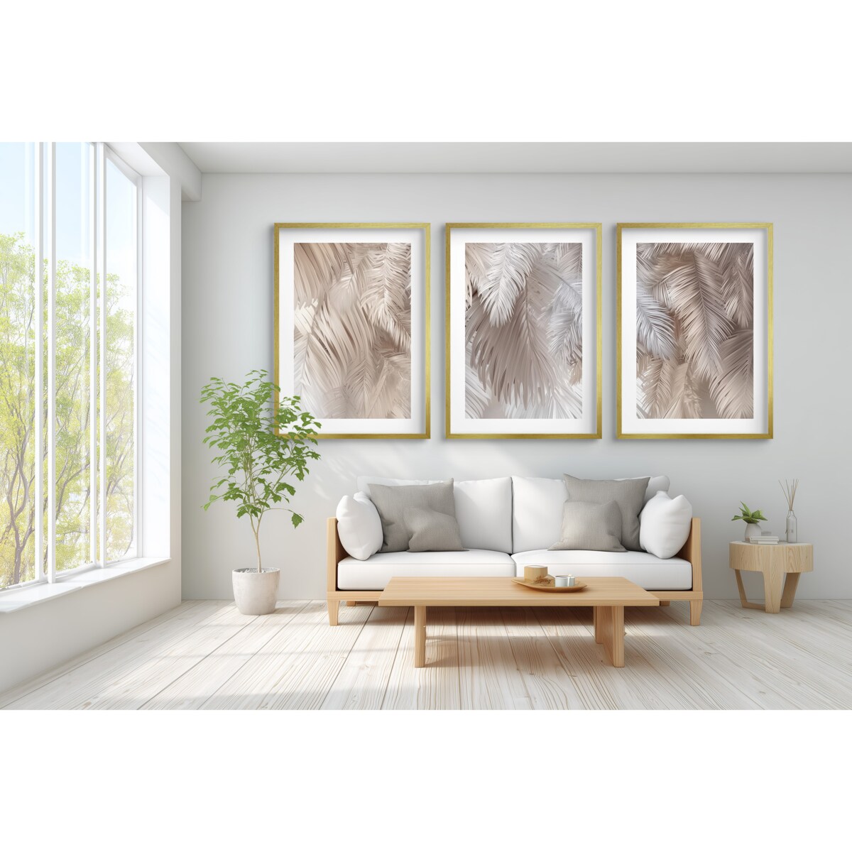 Plakaty w złotej ramie Obrazy do salonu sypialni Beżowe Liście oho glamour