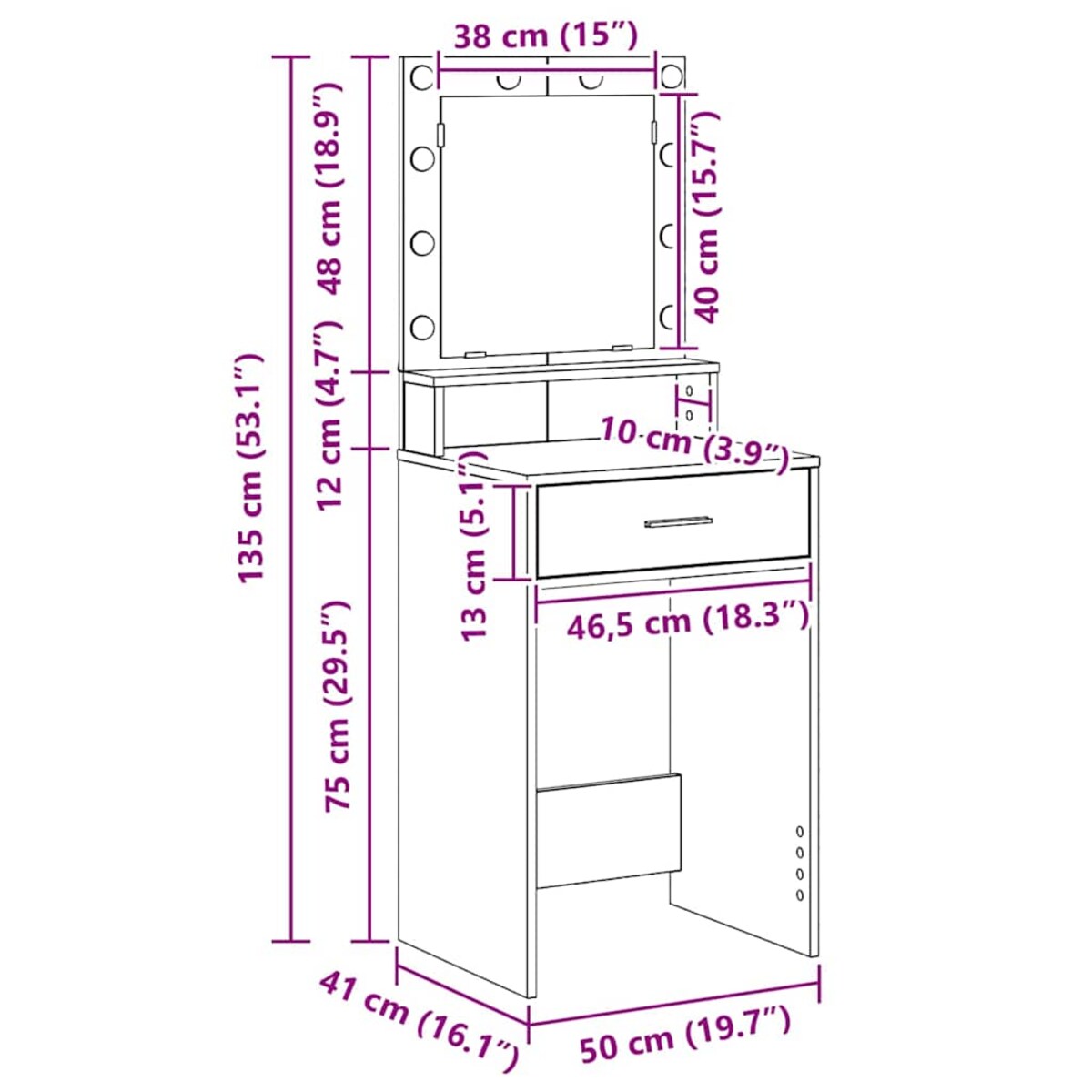vidaXL Toaletka z półką Biały 50 x 41 x 135 cm Materiał drewnopochodny
