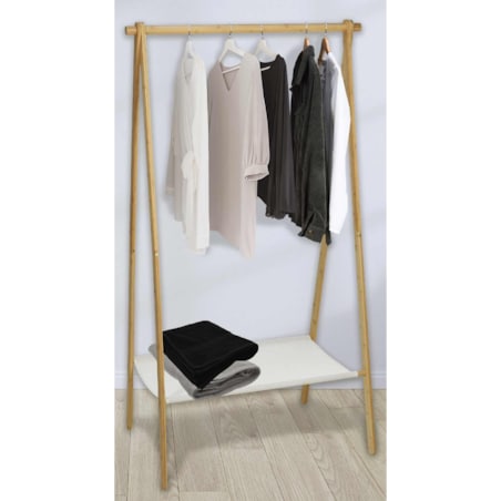 Stojący wieszak na ubrania z bambusa + półeczka tekstylna, 86 x 57 x 155 cm