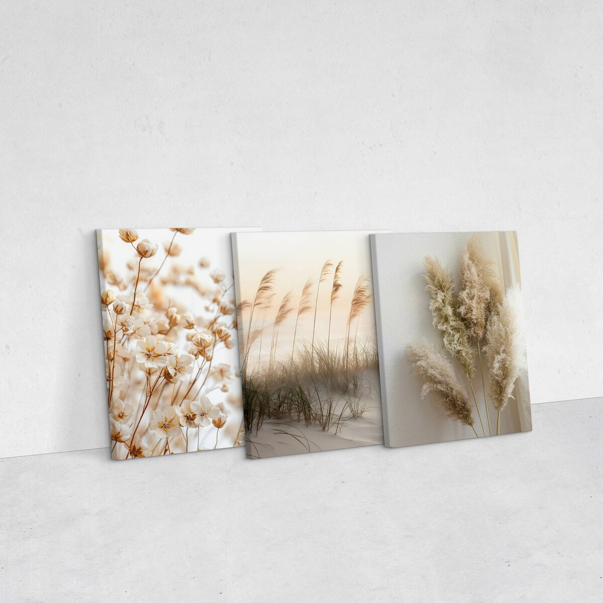 3x Obraz Do Salonu Set Plaża Wydmy Trawa Pampasowa Kwiaty Styl Boho 30x40cm