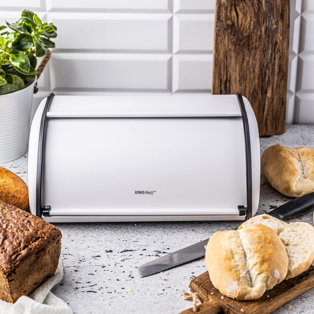 Chlebak stalowy duży 44cm biały matowy pojemnik na chleb pieczywo bułki KINGHOFF