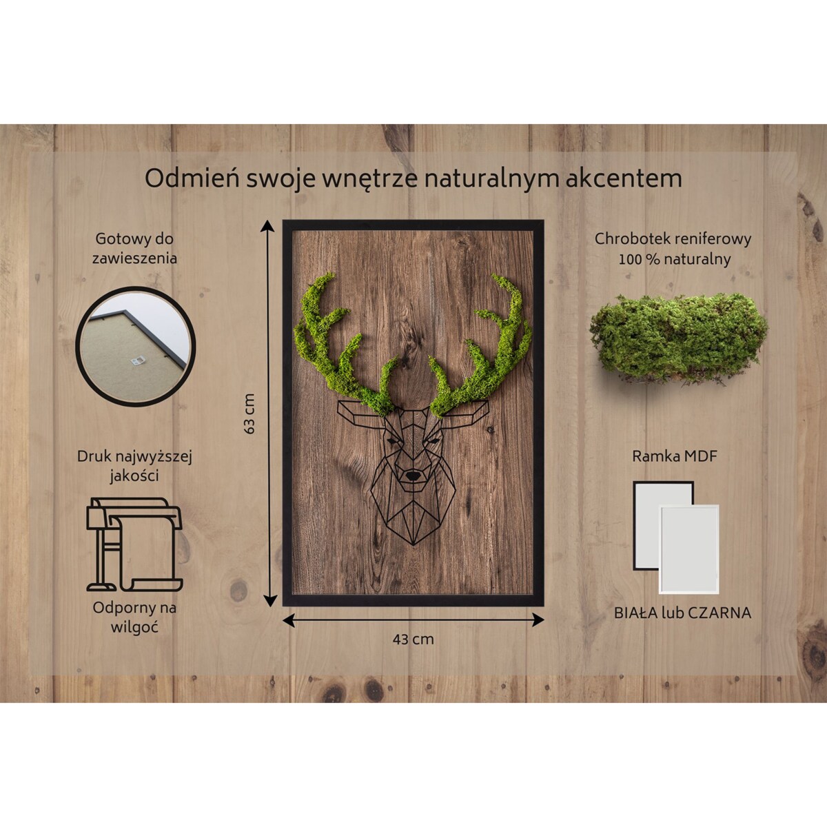Obraz Głowa jelenia na drewnianym tle - mech chrobotek w czarnej ramie 40x60cm