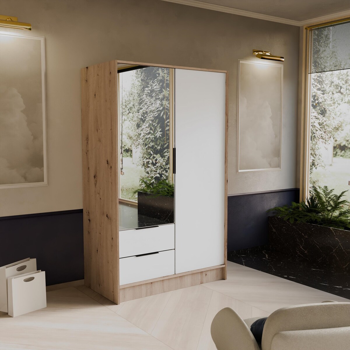 Szafa NIKOLA 103 z lustrem i regulowanymi półkami - sonoma+biały front