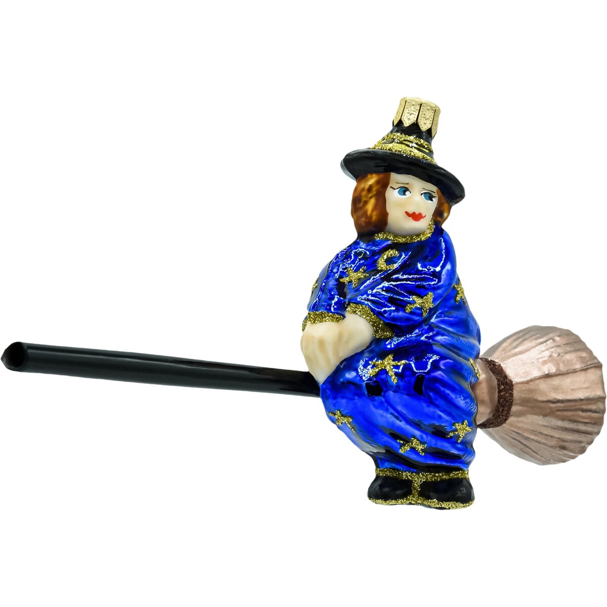 Bombka choinkowa szklana: Niebieska Czarownica na Miotle