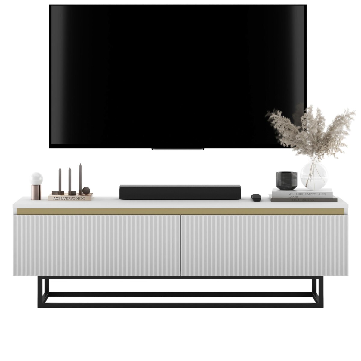 Nowoczesna Szafka RTV Glamour Komoda RTV Biały Mat 140 cm czarny stelaż